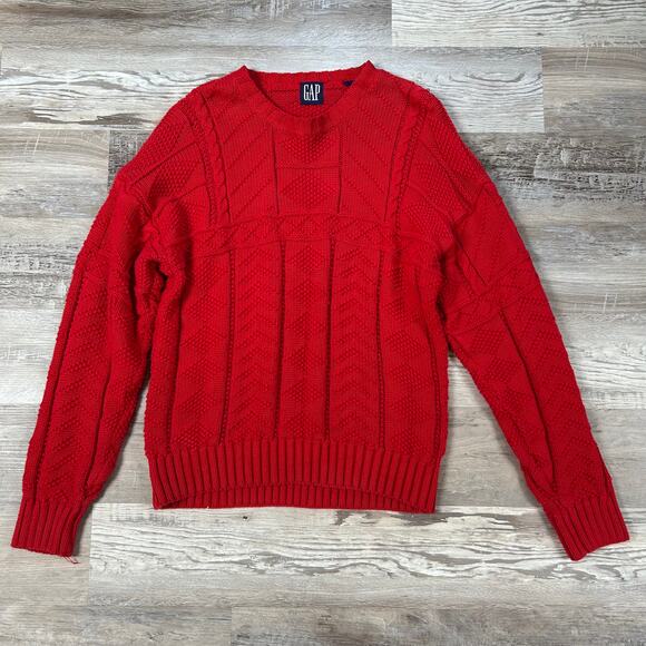 Vintage GAP Red Cable Knit Cotton Sweater Chunky Retro Winter Large - Picture 1 of 4